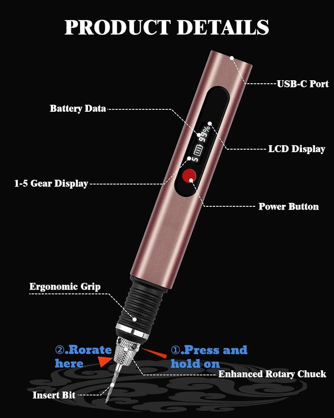 Cordless Engraving Pen for Metal Wood Glass Plastic, Engraving Tool 44Kits, 5 Speeds Up to 30000RPM, 500mAh USB Rechargeable Engraver Kit Craft Gifts for Teens Adults Beginner with Guide Book (Rose)