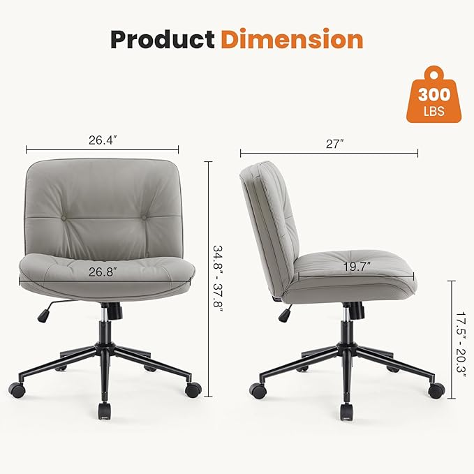 Sweetcrispy Armless-Office Desk Chair with Wheels, Cross Legged Wide Chair, PU Leather Comfortable Adjustable Swivel Computer Task Chairs for Home,Office,Make Up,Small Space,Bed Room Grey