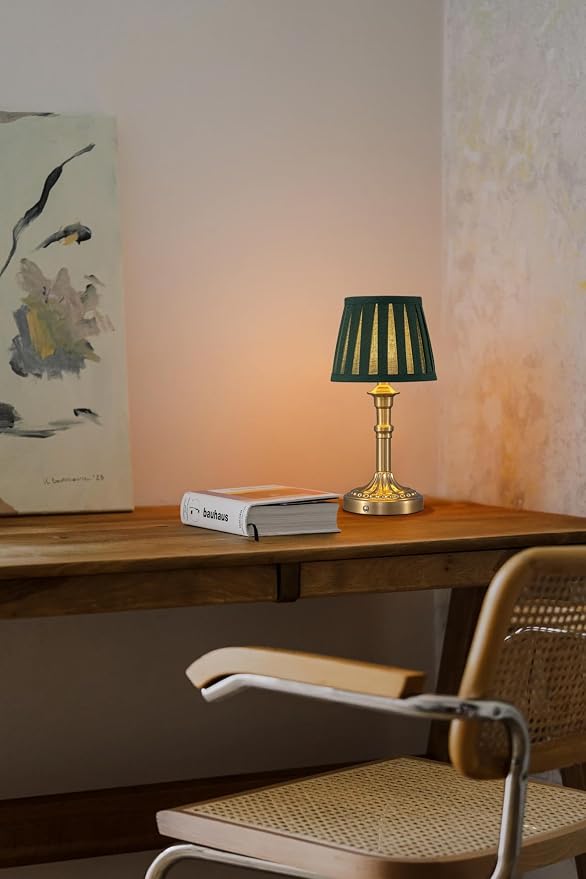 KDG Gold Cordless Table Lamps Set of 2, Green Fabric Shade Small Desk Lamp | Portables, 5000mAh Battery Powered, LED Lighting, 2700K Stepless Dimmable, Light for Living Room, Dining Room, Bedroom