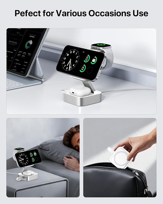 3 in 1 Wireless Charging Station for Apple Devices, Magnetic Foldable Travel Fast Charger Stand Compatible with MagSafe for iPhone Air/17/16/15/14/13/12 Series, Apple Watch & AirPods Pro/4/3/2-White