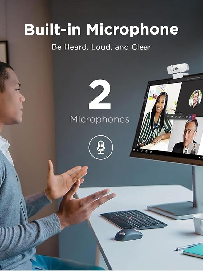 Lenovo 310 FHD Webcam, 1080p, FHD Resolution @30 FPS, Plug-and Play USB Connectivity, 1.8M Cable, 2 Integrated Microphones, External Privacy Shutter, White