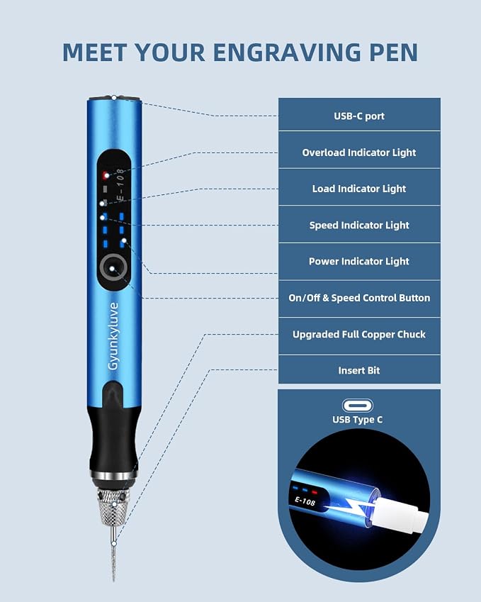 Upgraded Electric Engraving Pen, Wireless Engraving Pen Kit with 34 Bits & 3-Speed Adjust, Practice Materialse & Stencil, Rotary Tool for 60+ Surfaces Cordless Engraver Pen for Artists & DIY