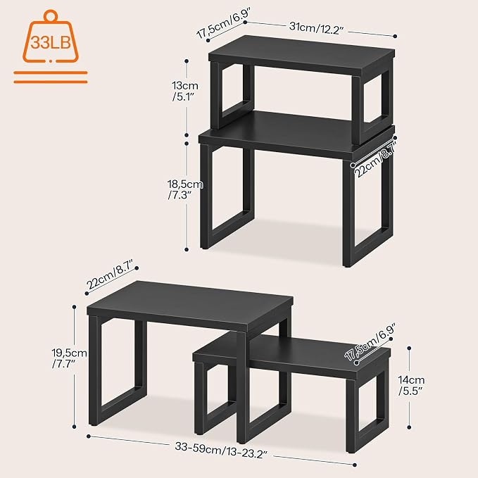 HOOBRO Cabinet Organizer Shelf, Set of 2 Kitchen Counter Shelves, Expandable Kitchen Storage, Stackable Bamboo Spice Rack, for Kitchen, Countertop, Office Desk, Living Room, Black BK20TL01