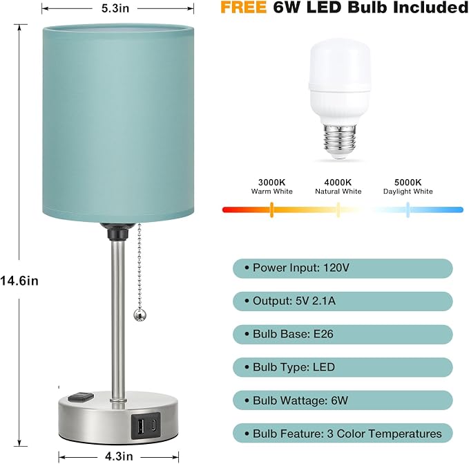Dicoool Teal Bedside Lamp for Nightstand - 3 Color Temperature Table Lamp with USB C and A Ports, Pull Chain Lamp for Bedroom with AC Outlet, Coastal Desk Lamp with Silver Metal Base for Kids Girls