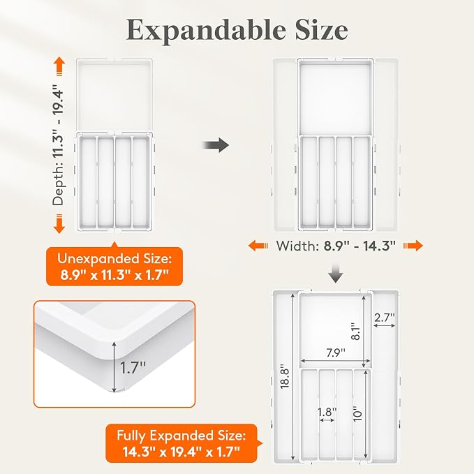 Lifewit Silverware Drawer Organizer, Expandable Utensil Tray for Kitchen, BPA Free Flatware and Cutlery Holder, Adjustable Plastic Storage for Spoons Forks Knives, 4-7 Slots, White