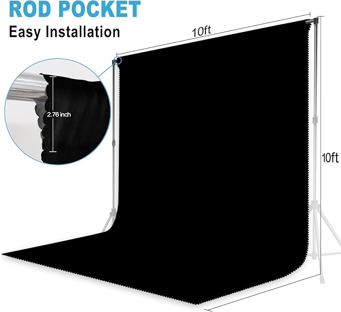 Black Backdrop for Photoshoot, Professional Photo Backdrop Background Curtain for Product Photography, Portraits, Wedding, Party, Live Streaming Video Recording 10X10 FT (Background Only)