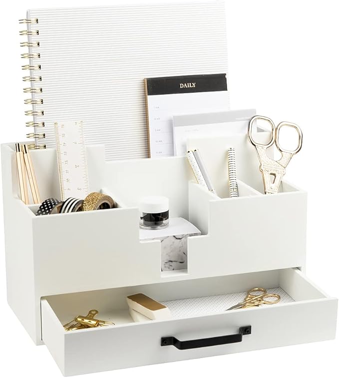 BLU MONACO | White Wood Desk Organizer with Drawer | Compact Desktop Mail & Office Supplies Storage with 6 Compartments | Modern Home Office Accessories for Women, Kitchen Counter & Reception Areas