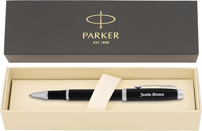 Parker IM Engraved Rollerball Pen, Black with Chrome Trim, Quink Black Ink, Silver Engraving on Cap, Arrow Clip, Gift for Graduation, Career Advancement, Writers, Parker Gift Box
