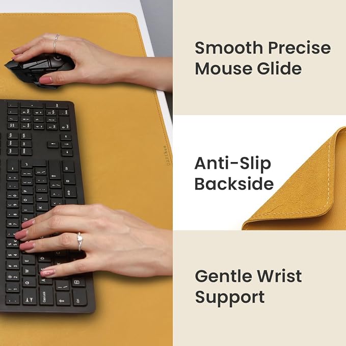 Full Grain Genuine Leather – Mustard Yellow (XL) - Premium Desk Mat with Non-Slip Backing, Thick 3mm, Office Desk Protector for Work & Gaming (Extra Large 35.4 x 15.7 inch)