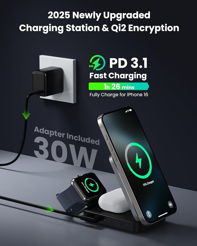 3 in 1 Wireless Charger Charging Station for iPhone,Travel Foldable Magnetic 15W Fast Wireless Charger Stand for Mag-Safe with 30W USB C Adapter for iPhone 17/16/15/14/13/12,Apple Watch,AirPods