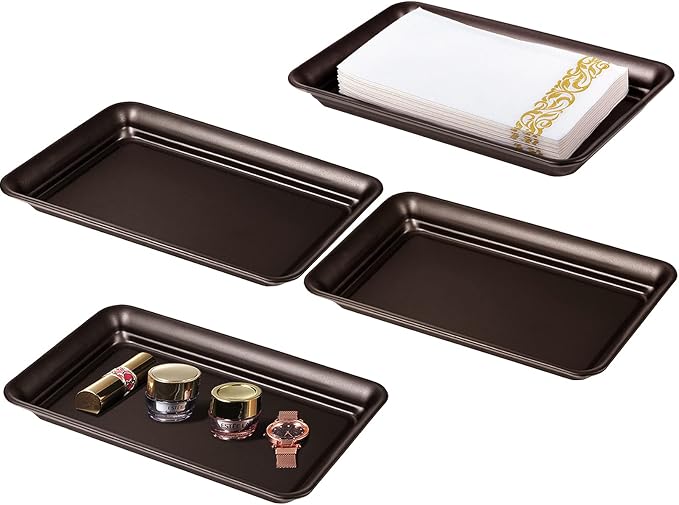 SheeChung Metal Vanity Tray, Bathroom Counter Storage Tray, Bronze 4 Pack | Sturdy Decorative Tray Holder, Farmhouse Vintage Decor Accessories for Perfume, Cosmetics, Jewelry, Makeup, Guest Hand Towel