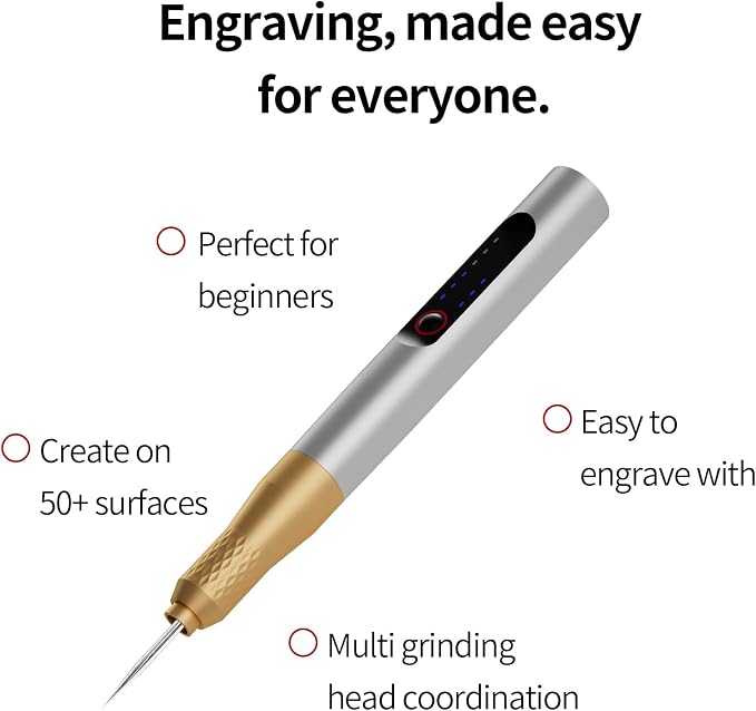 Wireless Engraving Pen Kit for Jewelry, Wood, Metal, Glass & Plastic - Cordless DIY Engraver with 30 diamond grinding heads 1 K-needles, Portable Tool for Artists, Craftsmen, (Gold-Silver)
