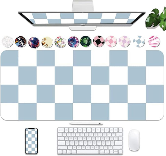 Large Checkered Desk Mat 35.4" x 15.7", PU Leather Desk Pad Protector, Large Mouse Pad for Desk, Non-Slip Blue Desk Mat, Waterproof Writing Pad for Office and Home