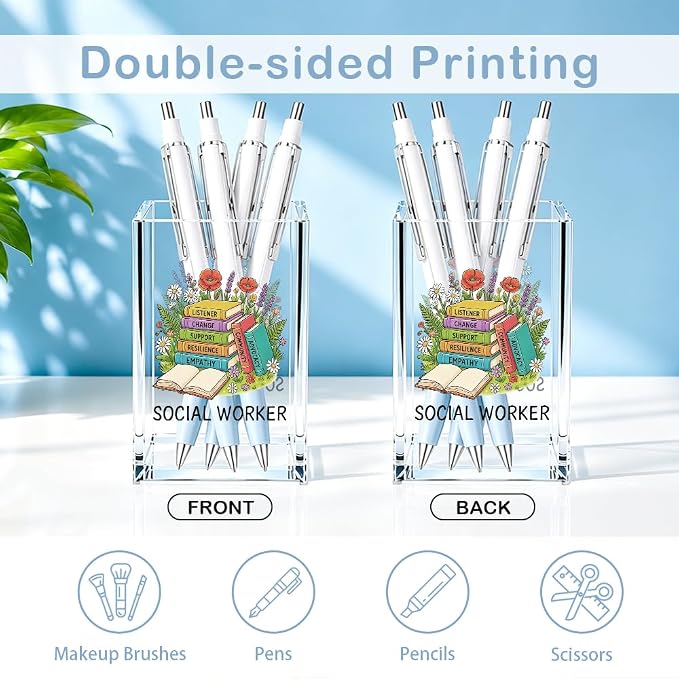 Social Worker Acrylic Cosmetic Pencil Pen Holder, Funny Pen Organizer for Desk, Social Work Month Office Desk Accessories, Appreciation Gifts for MSW LCSW School Counselor Therapist Teacher