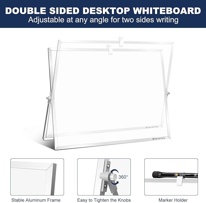 TSJ OFFICE Small White Board - 18 X 14 Inches Small Magnetic Dry Erase Board with Hooks for Wall, Desktop Whiteboard Stand 360 Degrees Revolving Double Sided for Office, Home, School, Silver