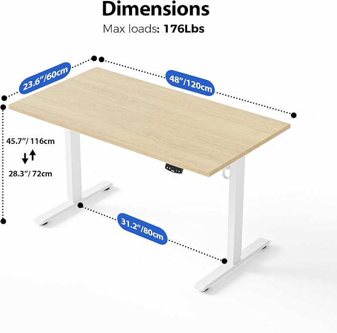 Agilestic Electric Standing Desk, 48 x 24 Inches Height Adjustable Desk, Sit Stand up for Work Office Home, Ergonomic Rising Computer Table with Memory Preset, Maple