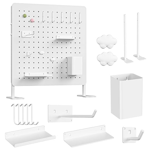 White Metal Desk Pegboard Organizer, 15.75 in with Hooks and Shelves | White metal desktop pegboard with support feet, hooks, shelves, storage cup and magnets for office, bedroom and craft storage