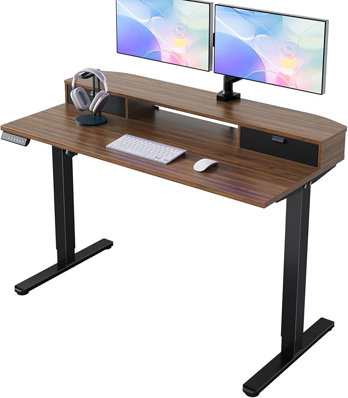 HUANUO 48 x 24 inch Small Electric Standing Desk with 2 Drawers, C-Clamp Mount Compatible, Height Adjustable Sit Stand Desk, Home Office Stand Up Desk with 4 Memory Height Settings, Walnut