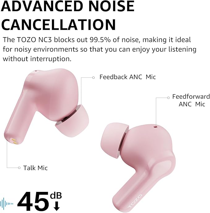 TOZO Hybrid Active Noise Cancelling Wireless Earbuds with 6 Mics AI Clear Call Ear Buds 68H Playtime with LED Display 32 Preset EQs via APP Bluetooth 5.3 IPX8 Waterproof in Ear Headphones
