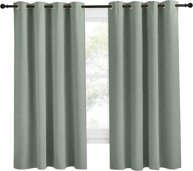 NICETOWN Blackout Greyish Green Curtain 68 inch Length for Bedroom, W55 x L68, 1 Panel, Thermal Insulated Grommet Room Darkening Window Drape Sound Dampening for Living Room