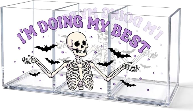 Skeleton Acrylic Desk Organizer, 3 Compartment Pen Holder, “I’m Doing My Best” Gothic Office Storage Box, Cute Skull Stationery Organizer for Desk Decor, Home & Office Supplies for Coworker