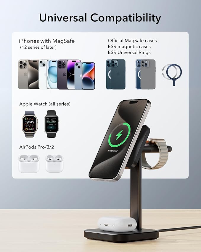 ESR 3 in 1 Wireless Charging Station for Apple[Certified] Portable Apple Watch Charger & MagSafe Charger Stand, Wireless Charger for Multiple Devices iPhone 17e/17/16/15/14/13/12&Watch&AirPods, Black