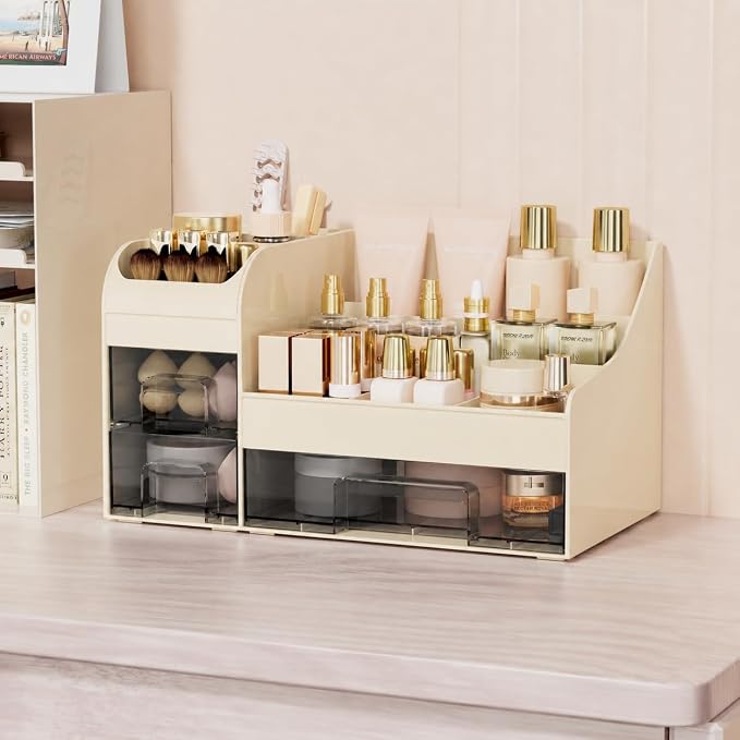 Makeup Organizer with Drawers,Large Cosmetic Storage Box,Countertop Skincare Organizer,ABS Makeup Brush Holder for Bathroom,Desk,Dresser,Multifunctional Beauty Display Case,Cream transparent