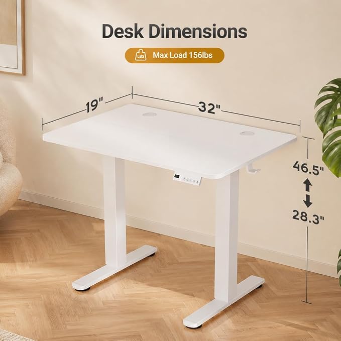 Claiks 32 x 19 Inch White Electric Standing Desk | Adjustable Height, Sit Stand, 3 Memory Presets, Cable Management, Space-Saving, Home Office & Bedroom