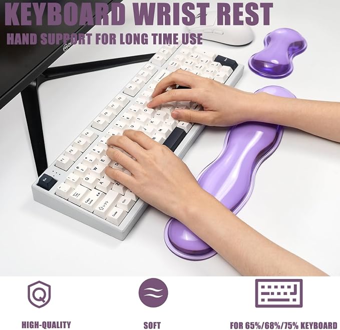 Clear Gel Keyboard Wrist Rest, Purple Silicone Wrist Rest, Ergonomic Wrist Rest for Computer Keyboard 60%/75% (Purple-Long)