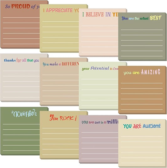Yinder 12 Pcs Inspirational Sticky Notes Thank You Gift Motivational Sticky Note Pad Employee Appreciation Gift Bulk for Staff Coworker Teacher Nurse Office Groups 3 x 3'' (Appreciation,Boho Color)
