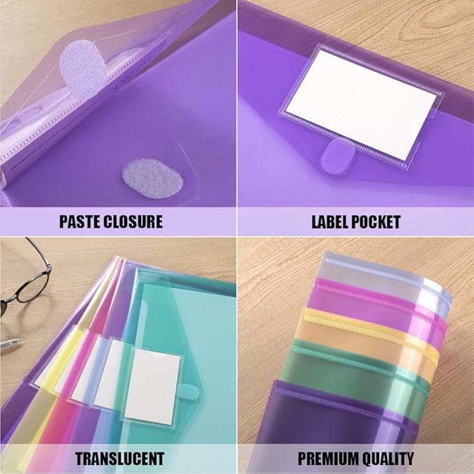 Sooez 24 Pack File Folders, Clear Poly Envelopes Plastic Folders, Folder for Documents Letter A4 Size with Label Pocket, Teacher School Office Supplies Organization Storage, Assorted Color