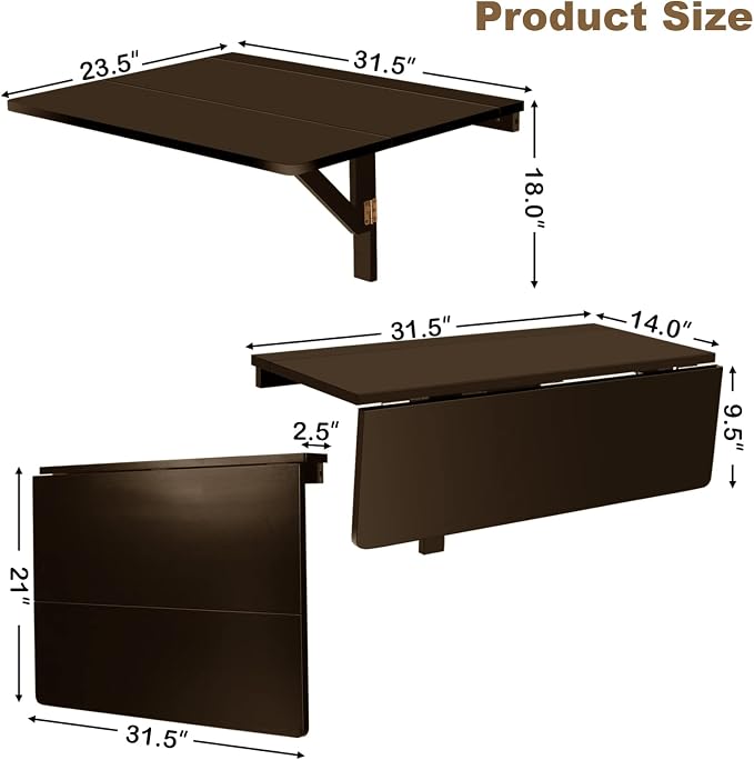 COSTWAY Wall Mounted Folding Table, 31.5" x 23.5" Drop-Leaf Floating Writing Desk for Small Spaces, Space-Saving Fold Down Laptop Workstation for Kitchen, Bedroom, Laundry Room, Study Room (Brown)