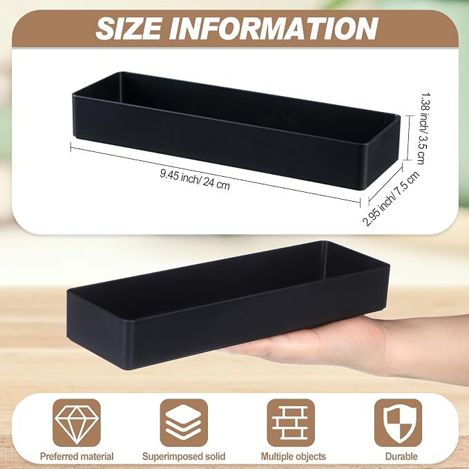 Teling 2 Pcs Black Plastic Desk Organizer Tray Shallow Drawer Pencil Tray Tabletop Organizer for Office, Home, or Study 9.45x2.95x1.38 Inch
