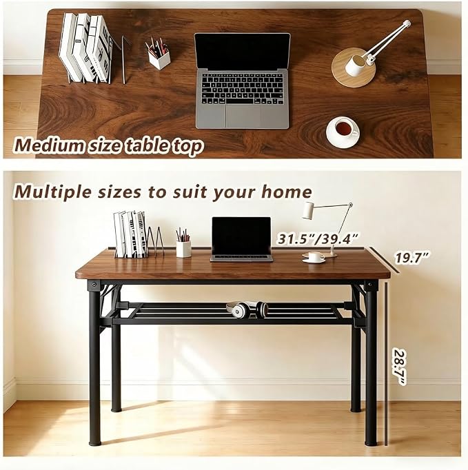 Folding Desk for Small Spaces, 31.5 Inch Foldable Computer Desk, No Assembly Required, Space Saving Portable Study Table for Compact Home Office, Bedroom, Dorm, Apartment, Brown