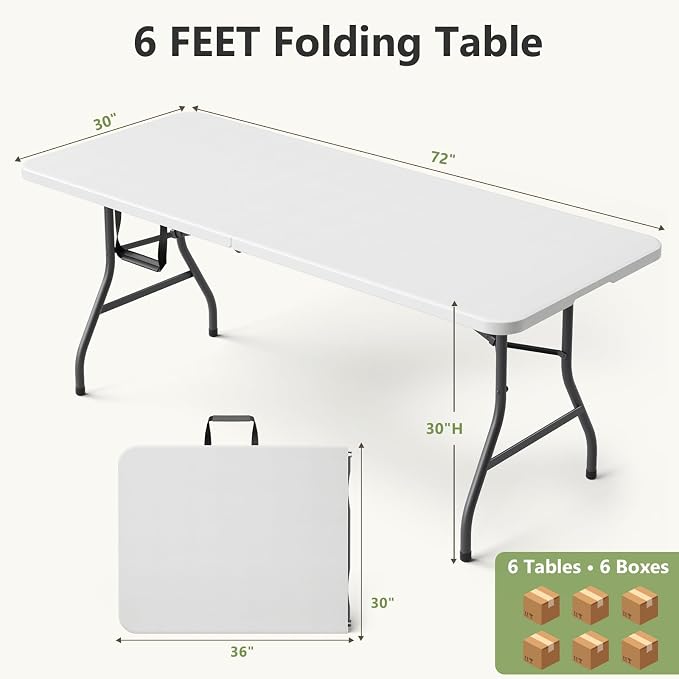 Folding Table 6 Pack, 6 FT Foldable Plastic Table with Carrying Handle, Heavy Duty Portable Fold-in-Half Utility Table for Party, Camping, Banquet, Craft, Wedding, Indoor & Outdoor Use