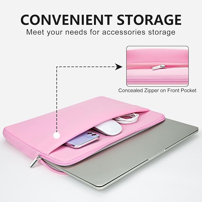 Laptop Sleeve Bag Compatible with 13 to 14 inches MacBook Air/Pro Chromebook Notebook with Zipper Accessory Pocket Padded Computer Pouch Cover Protective for 13” to 14” Laptop,Pink