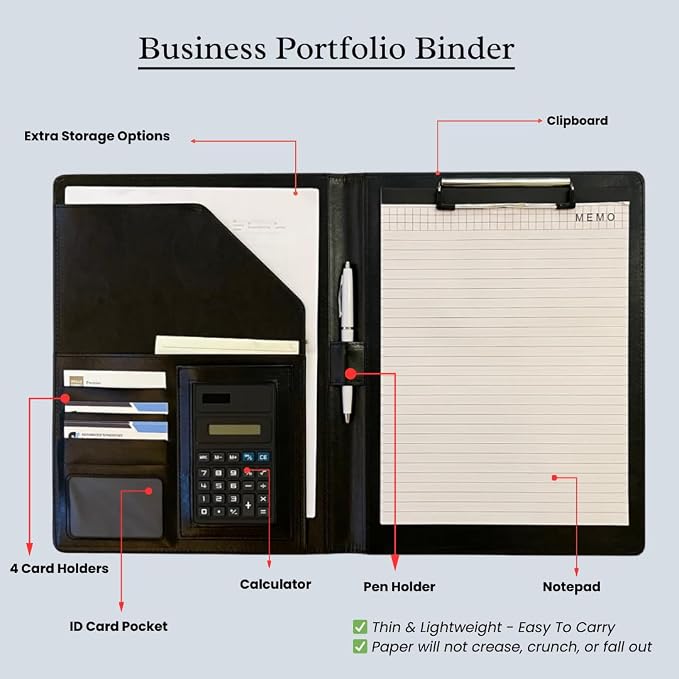Leather Portfolio Binder for Business use, Document Organizer with Smart Storage, Calculator, Writing pad, – padfolio All in one, Professional Binder Portfolio for Women and Men with Name