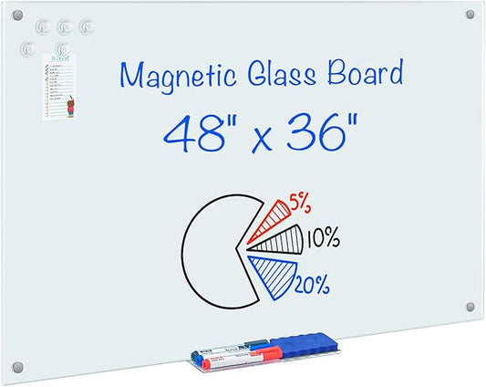 maxtek Magnetic Glass Dry Erase White Board, 48" x 36" Frameless Glass Board for Wall Mounted, Includes 5 Magnets, 3 Markers and 1 Eraser for Classroom Home, Office Supplies (White)