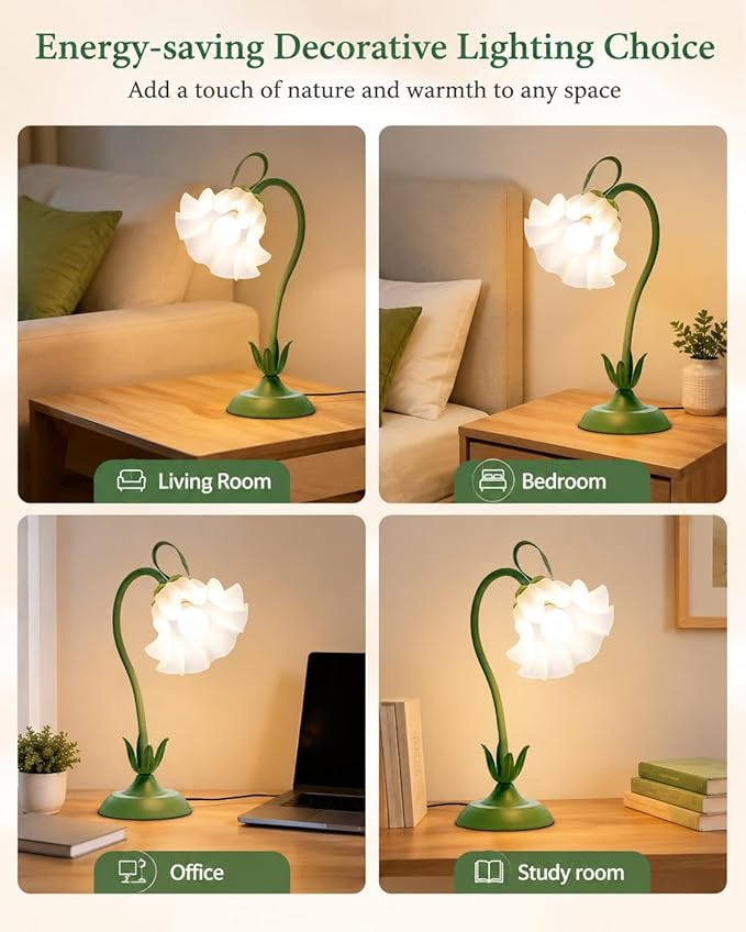 WERFOP Flower Table Lamp, LED Reading Light Vintage Bedside Table Lamp with 3 Color Modes for Nightstand, Kawaii Decoration for Home Bedroom Living Room (Green)