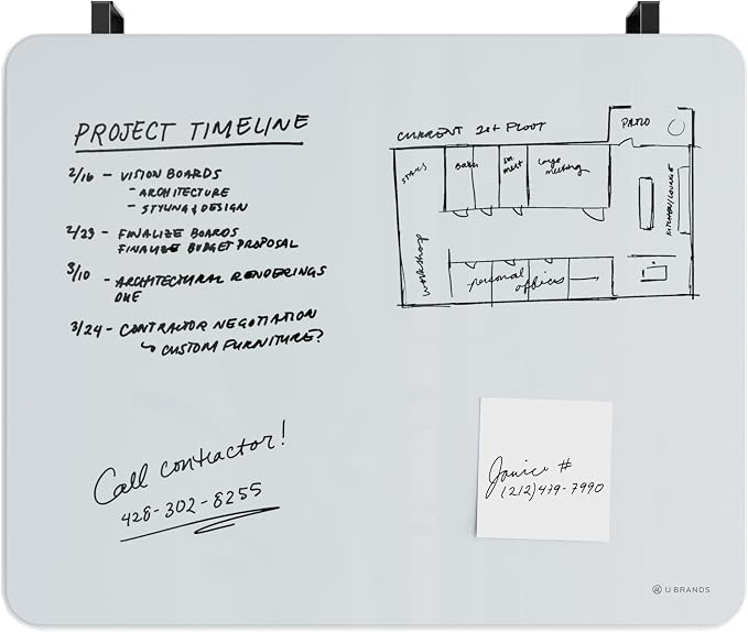 U Brands Magnetic Cubicle/Wall Glass Dry-Erase Board, 16" x 20" Inches, White Frosted Surface, Frameless