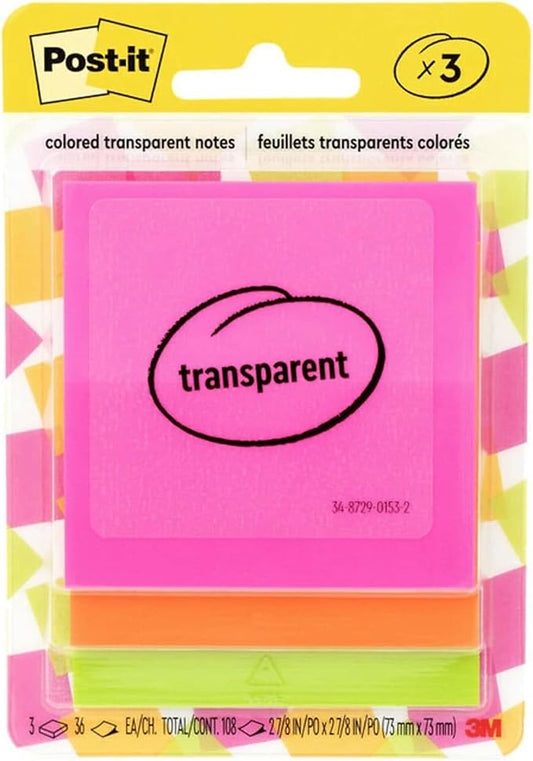Post-it Transparent Notes Notes, 2.8-inch x 2.8-inch, Assorted Collection, 30 Sheet/Pad, 3 Pads/Pack (600-3COL)