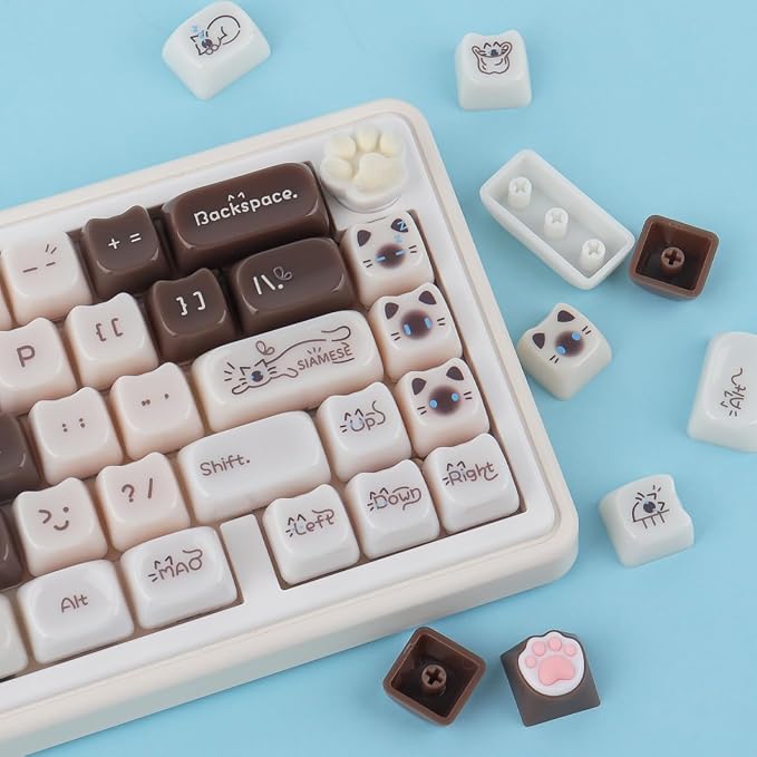Sunzit Cute Cat Keycaps-Mao Profile,148 Keys Brown Siamese Cat Custom Keycaps 60 65 75 100 Percent,Cute Key caps Keyboard Keycap Set for MX Switches Mechanical Keyboard