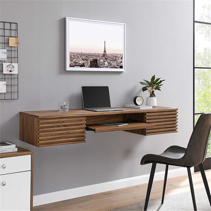 Pemberly Row Wall Mount Office Desk, 60 in Wide Particleboard and Wood, Walnut Finish, Pull-Out Keyboard Tray, Cable Management, Full-Extension Glide Drawers, Mid-Century Style for Home Office or