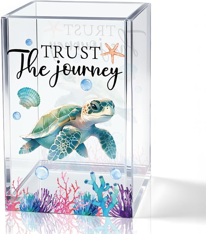 Trust The Journey Sea Turtle Acrylic Pencil Holder Cup for Women | Inspirational Gifts for Friends Coworker, Funny Sea Turtle Pen Holder for Women Girls Turtle Lover, Marker Makeup Organizer