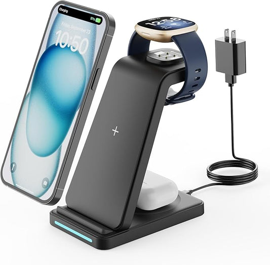Wireless Charger for Fitbit Charging Station - GEEKERA 3 in 1 Phone Charger Stand for Fitbit Watch Sense 2/Sense/Versa 4/3, iPhone, Samsung, Google Pixel Phones, Androids, Airpods 4/3/2