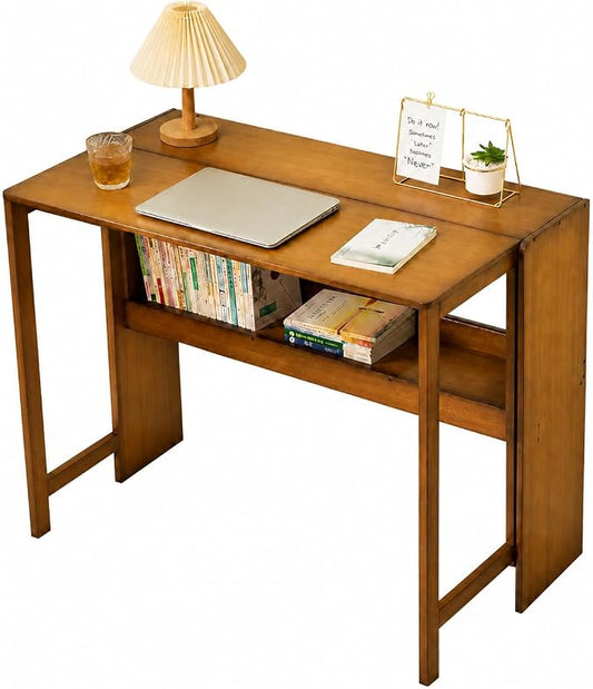 Bamboo Folding Desk, Foldable Computer Desk with Bookshelf, Space Saving Small Desk for Bedroom Home Office, Compact Writing Desk for Small Spaces