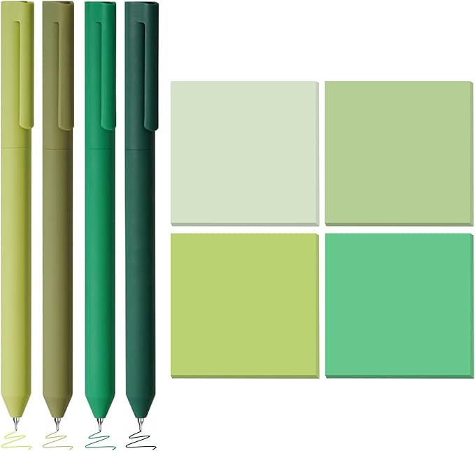 BAYTORY 320 Sheets Gradient Sticky Notes, 4 Pcs Rotatable Colored Gel Pens, Aesthetic Self-Stick Note & Multicolored Ink Pen, Colorful Memo Pads Easy to Post for Note Taking (Gradient Green)
