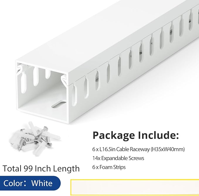 1.4"H x 1.6"W Cable Raceway, 99in Under Desk Wire Management Channel, White | Slotted Wire Duct, 6Pack, 16.5in Each, Heavy-Duty PVC Cable Management for Server Racks, Network Cables & Electrical Cabinets