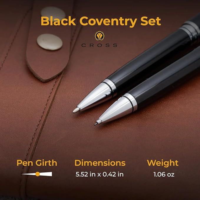 Dayspring Pens Engraved Cross Pen | Personalized Cross Coventry Ballpoint Pen and Pencil Set Black Lacquer. Engraved in Silver. Affordable Luxury Pen in Gift Box. Twist-Action Black Ink.