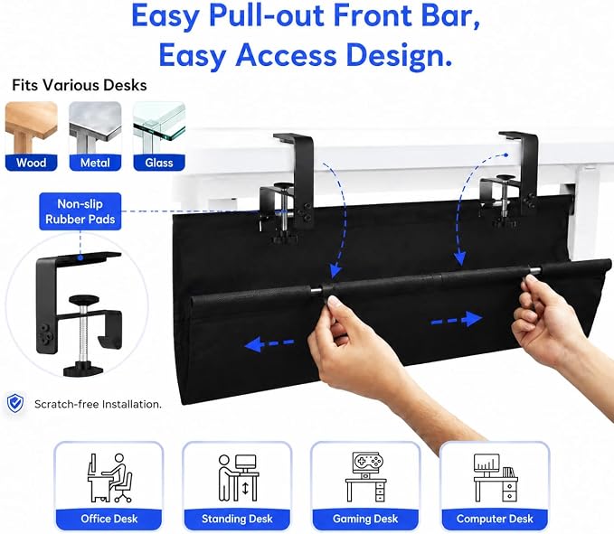 Under Desk Cable Management Tray 36", No Drill Clamp-On Design, Premium Oxford Fabric Cord Organizer Hides Power Strip & Messy Wires, Ideal for Home Office & Gaming Desk
